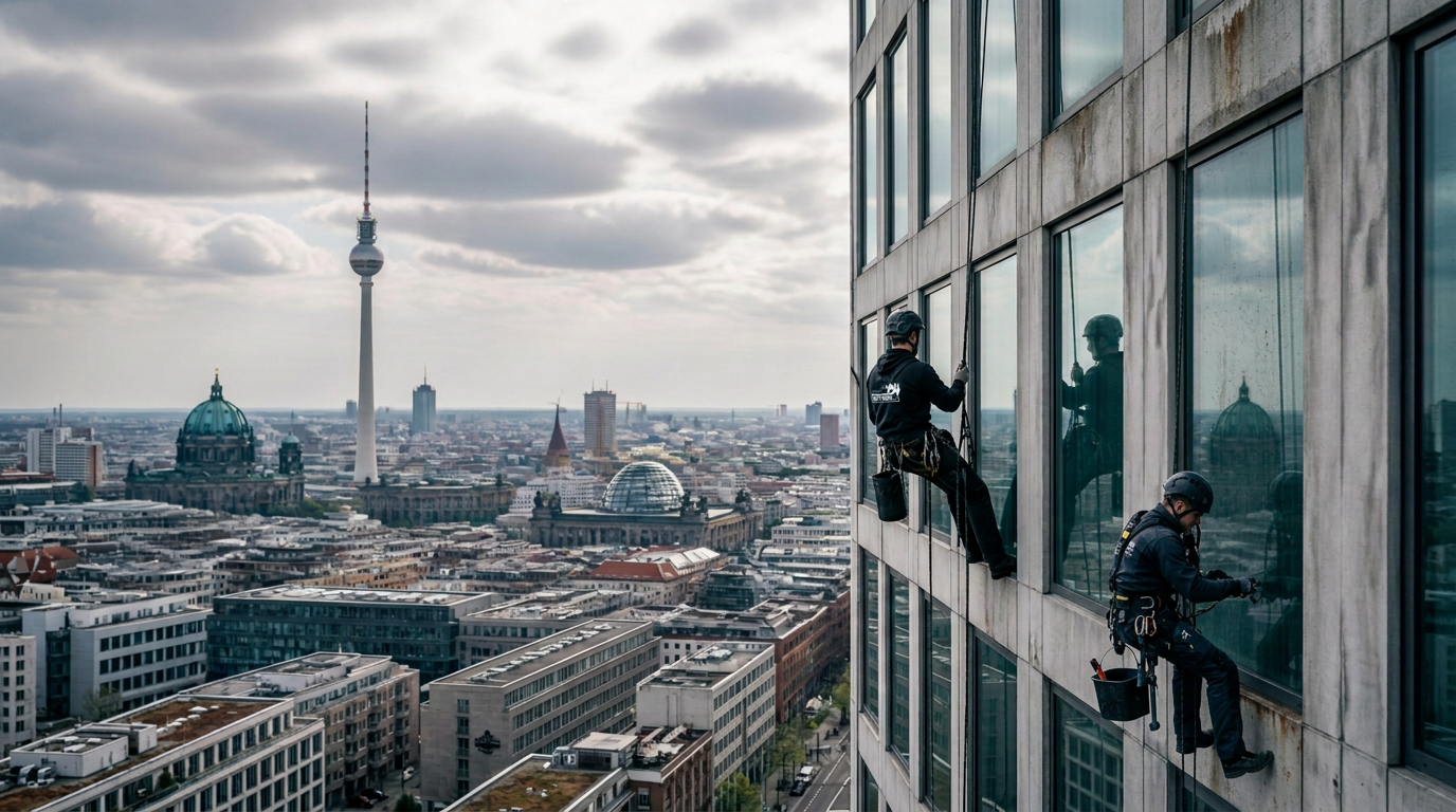 Industriekletterer Nick Troche im Einsatz an einer Fassade in Berlin