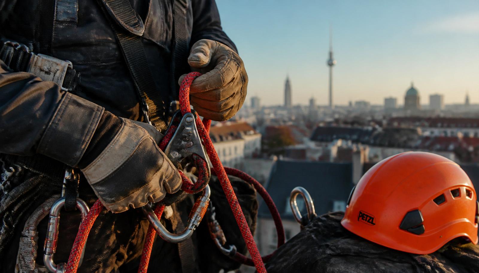 Detail von Seilzugang-Ausrüstung mit Berlin Panorama im Hintergrund